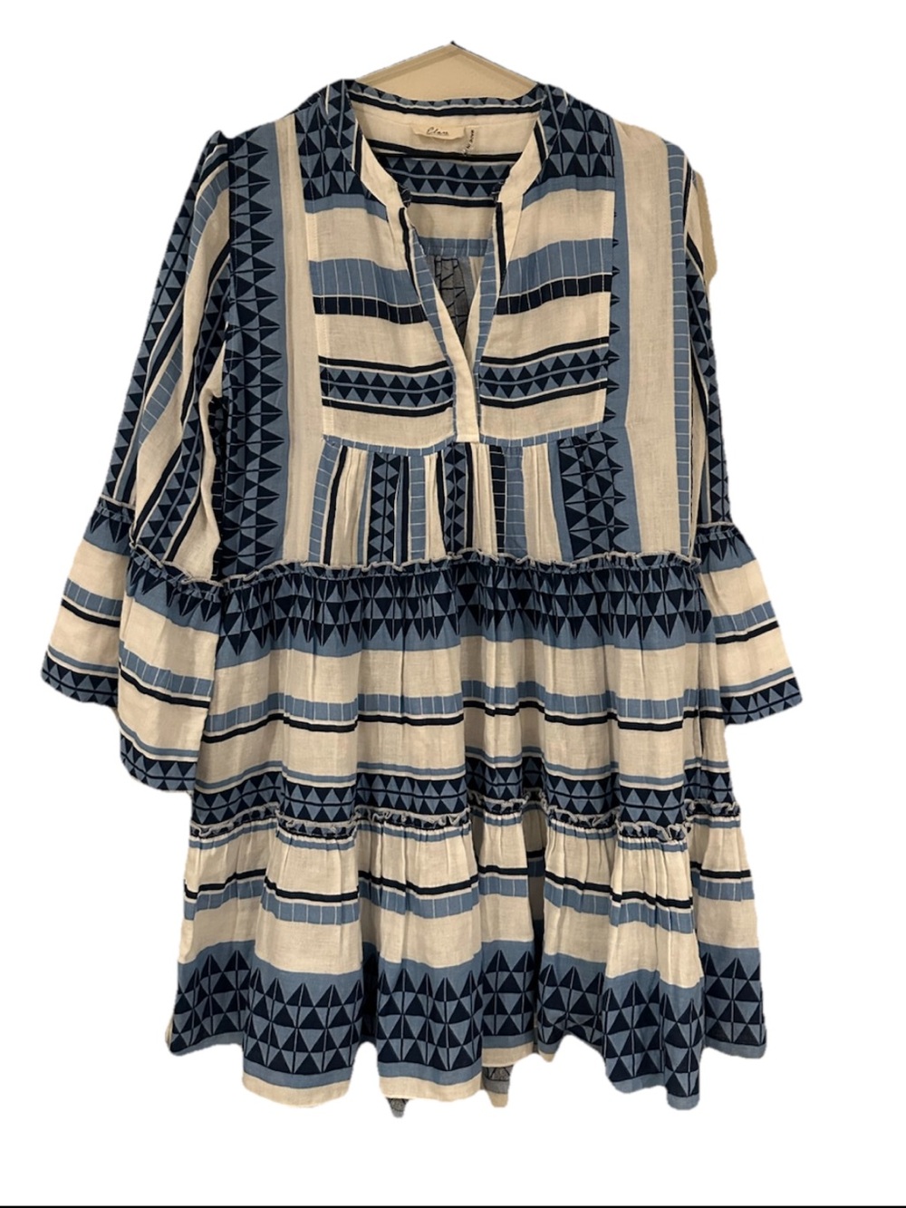 Elan Women's Blue/White Tiered Swing Dress M Long Sleeves 100% Cotton W/Pockets - Picture 2 of 10